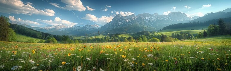 Fototapeta na wymiar Beautiful spring landscape with meadow flowers and daisies in the grass. Natural summer panorama.