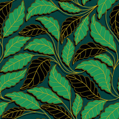 Curved lines Branches Leaves black and green. Seamless pattern with leaves. Vector illustration for your design. Floral seamless pattern with stylized branches and leaves.