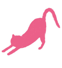 伸びをする猫のシルエット クレヨンタッチ　ピンク
