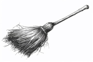 Handdrawn vector broom, black monoline, clean and simple household tool, isolated on white background , clean sharp