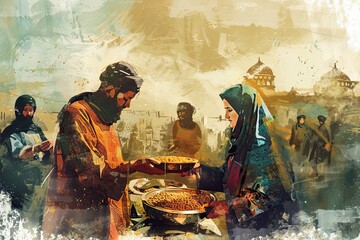 A painting depicting a man serving food to a woman, illustrating the act of giving zakat, obligatory almsgiving in Islam. Generative AI - obrazy, fototapety, plakaty