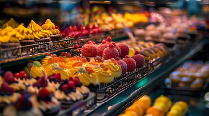 Colorful Assorted Desserts and Candies in Bakery Display Case - obrazy, fototapety, plakaty