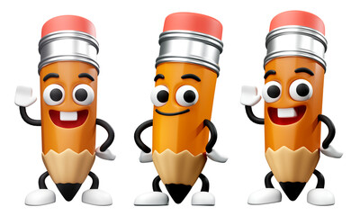 A set of 3D pencil character mascot with different poses. Smiling pencil cartoon waving hand illustration. Back to school concept