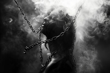 Depression, chains, domestic violence and escape. High quality photo - obrazy, fototapety, plakaty