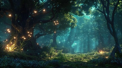 A forest environment with magical lighting, Enchanting forest bathed in magical lighting.