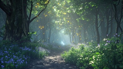 Obraz premium A forest environment with magical lighting, Enchanting forest bathed in magical lighting.