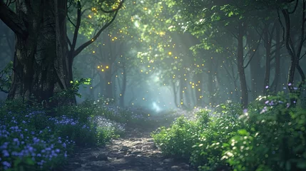 Tuinposter A forest environment with magical lighting, Enchanting forest bathed in magical lighting. © SaroStock
