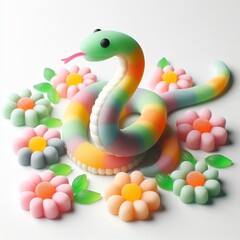 Fototapeta premium Cute Snake with flowers made of pastel color gummy candy on a white background