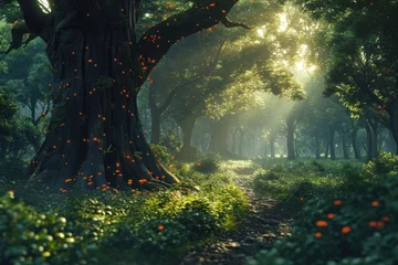 Gartenposter Forest background with magical sunlight, Enchanting forest illuminated by magical sunlight. © SaroStock