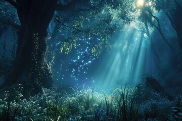 Forest background with magical sunlight, Enchanting forest illuminated by magical sunlight.