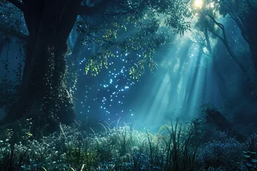 Poster Forest background with magical sunlight, Enchanting forest illuminated by magical sunlight. © SaroStock
