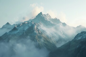 Mountain range with atmospheric cloudy fog, Majestic mountain peaks shrouded in atmospheric cloudy fog. - Powered by Adobe
