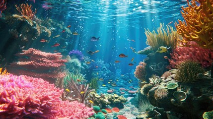 Underwater scene with coral reefs and vibrant fishes, Vibrant fish swimming among colorful coral...
