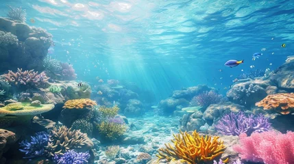 Fotobehang Underwater scene with coral reefs and vibrant fishes, Vibrant fish swimming among colorful coral reefs in an underwater scene. © SaroStock