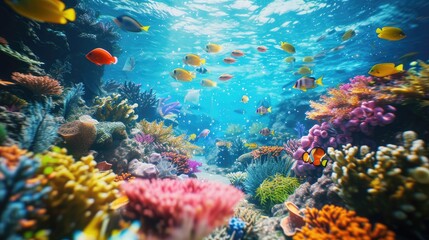 Naklejka na ściany i meble Underwater scene with coral reefs and vibrant fishes, Vibrant fish swimming among colorful coral reefs in an underwater scene.