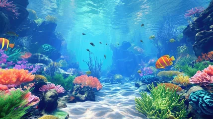  Underwater scene with coral reefs and vibrant fishes, Vibrant fish swimming among colorful coral reefs in an underwater scene. © SaroStock