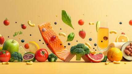 A whimsical conveyor belt of foods high in vitamin E moving towards glowing skin, minimalist