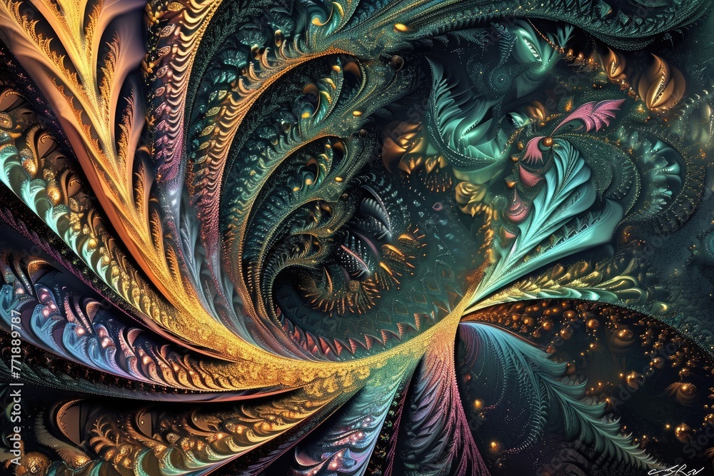 Poster Intricate fractal patterns in abstract digital art, Abstract digital art showcasing intricate fractal patterns.
