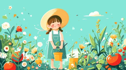 Gardinen Little girl gardening, soft pastel shades, vector art, © Anuwat