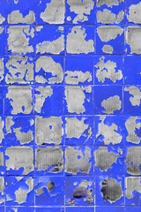 Blue Old Peeling Paint Abstract Square Mosaic Pattern Cracked White Glass Surface Texture Background Worn