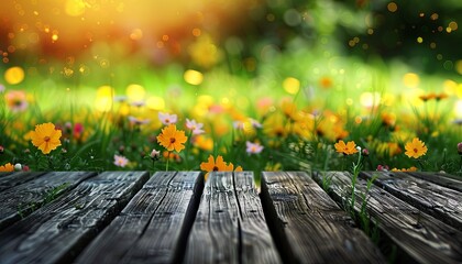 Blank wooden table on blurred spring flowers background. Copy space.
