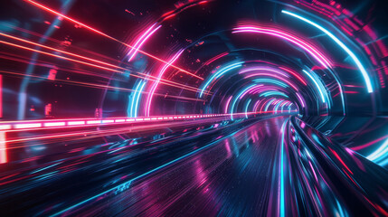 A futuristic, digital tunnel illuminated by streaks of neon light