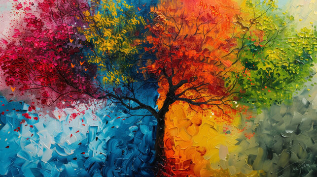 A vibrant, abstract interpretation of the four seasons, blended into one canvas