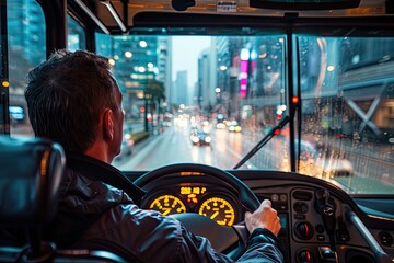 Bus driver navigating through city streets with expertise, Expert bus driver maneuvering through city streets adeptly. - obrazy, fototapety, plakaty
