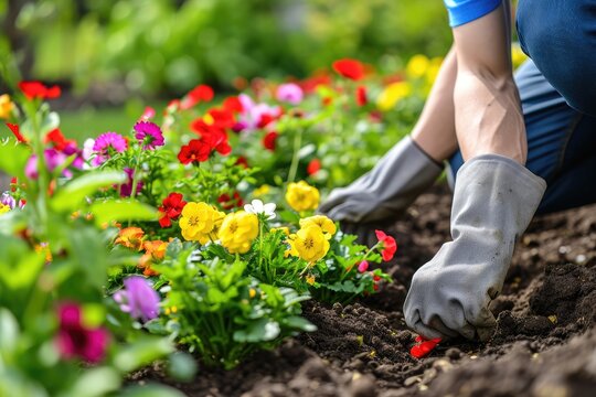 Gardener planting and maintaining vibrant flower beds, A skilled gardener nurturing and tending to vibrant flower beds.