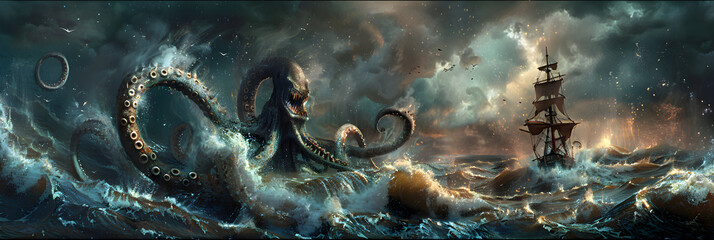 Ominous Clash between Mythical Kraken and a Doomed Sailing Ship