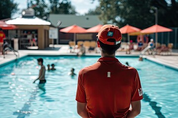 Lifeguard attentively monitoring swimmers at a pool, Vigilant lifeguard ensuring the safety of swimmers at the pool.
