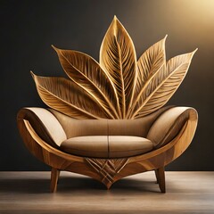 Nature inspired curved leaf style wooden sofa over black background and warm lighting