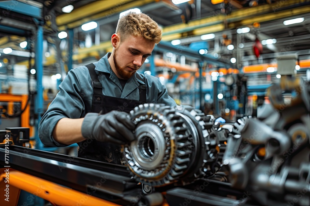 Poster mechanic assembling intricate parts in a manufacturing plant, skillful mechanic assembling intricate