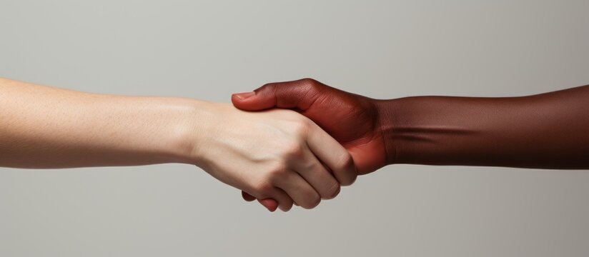 Close-up of two people holding hands handshake between two hands of differing skin tones against a neutral background, symbolizing diversity and unity