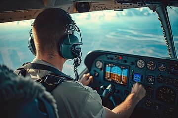 Pilot navigating an aircraft through the skies with skill, A skilled pilot maneuvering an aircraft through the skies adeptly. - obrazy, fototapety, plakaty