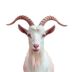 A goatantelope with large horns glances at the camera on a transparent background