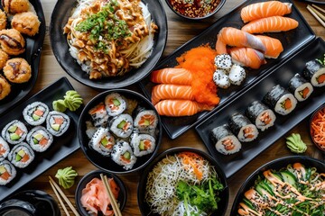 Asian food sushi, noodles, and diverse culinary delights, A delectable assortment of Asian cuisine, highlighting sushi, noodles, and a variety of culinary treasures. - obrazy, fototapety, plakaty
