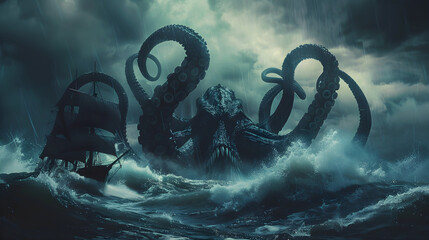 Ominous Clash between Mythical Kraken and a Doomed Sailing Ship - obrazy, fototapety, plakaty