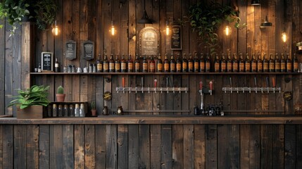 Fototapeta premium Beautiful beer bar, a gathering place for drinkers. Designing a bar with wood for a warm and stylish atmosphere.