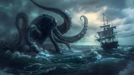 Ominous Clash between Mythical Kraken and a Doomed Sailing Ship - obrazy, fototapety, plakaty