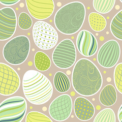 Easter Eggs with seamless ornament pattern. Vector line pattern with Easter eggs on the beige background. Concept of Happy Easter.	