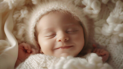 Fototapeta na wymiar Adorable baby sleep while smile in minimalist white soft pillow and blanket