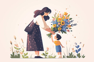 Pink cute Mother's Day holiday illustration, illustration of a child thanking his mother for giving flowers