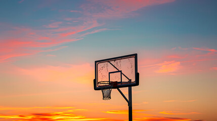 Silhouette of a basketball hoop against a sunset. Sport concept with copy space
