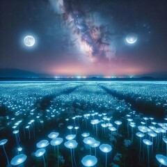 The Milky Way and the Field of Blue Flowers - obrazy, fototapety, plakaty