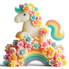Obraz premium Cute Horse with flowers made of pastel color gummy candy on a white background
