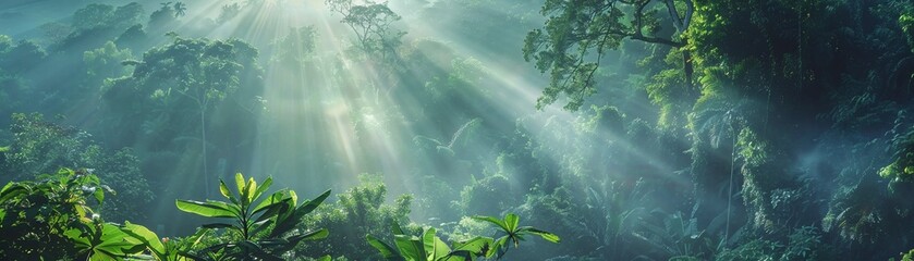A panoramic view of a majestic tropical rainforest with rays of sunlight piercing through the misty canopy.