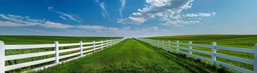 Fototapeta na wymiar A pristine white picket fence borders a vibrant green field under a clear sky