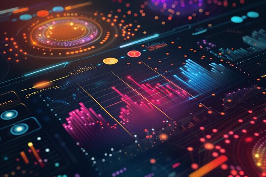 A high-tech analytics dashboard displaying vibrant data visualizations and graphs on a dark background.