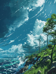 A breathtaking illustration showing a surreal coastal landscape with wind turbines against a backdrop of a dynamic, cloud-filled sky.
